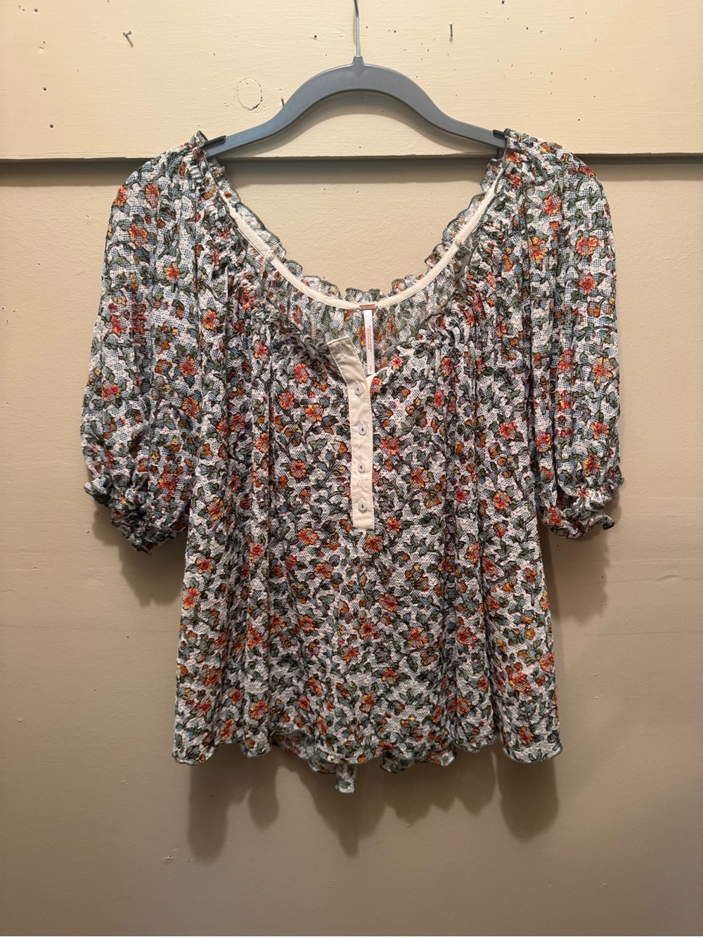 Free People Cream Floral Peasant Blouse with Orange & Green Accents